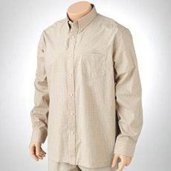 Mens Sport Shirt Dockers Tan Checked Small Long Sleeve Relaxed Button Front Pkt - Picture 1 of 4